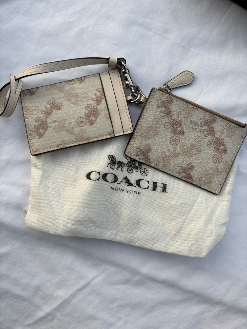 Coach Beige Horse & Carriage Card Case & Zip Pouch Lanyard/Wristlet Set in Chalk